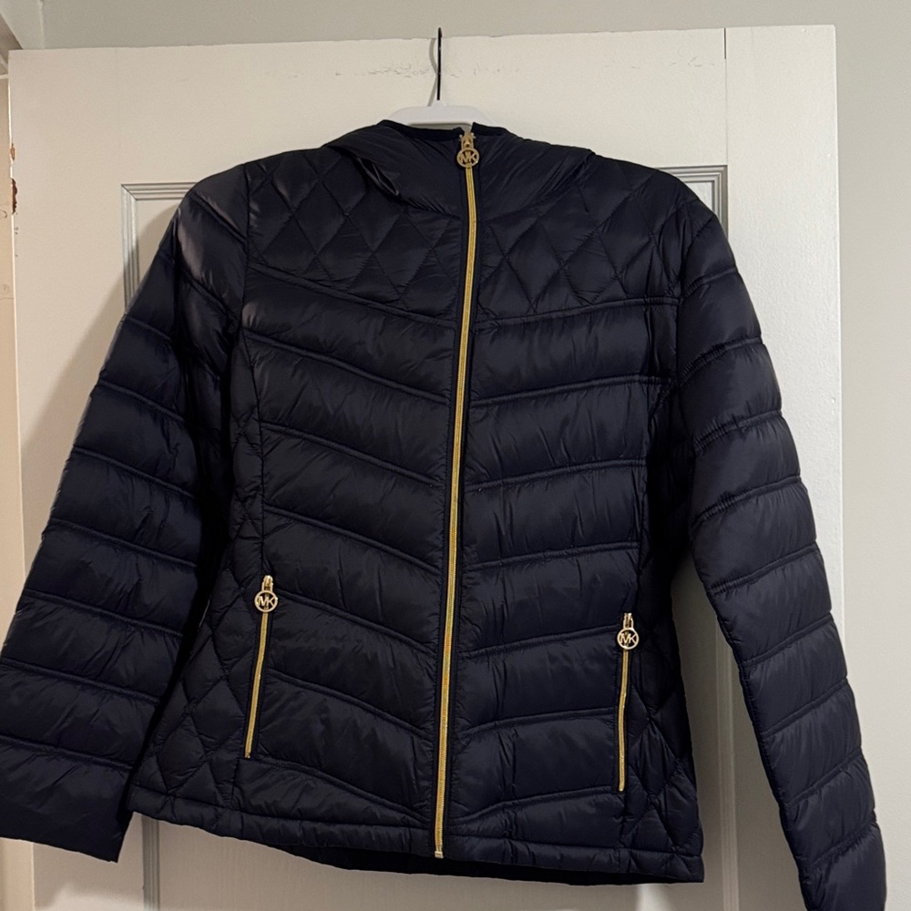 Michael Kors Midnight Blue Puffer Jacket with Gold Zipper